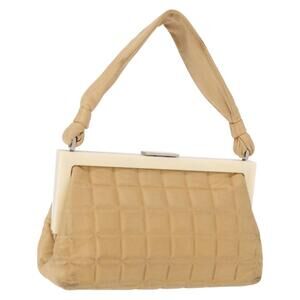 CHANEL Choco Bar Chain Shoulder Bag Lamb Skin Beige Silver CC Auth 161091